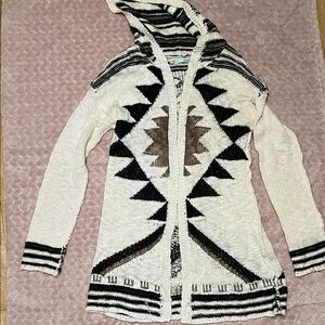 Maurices Hooded Cardigan with Geometric Pattern - Black, Cream, and Brown